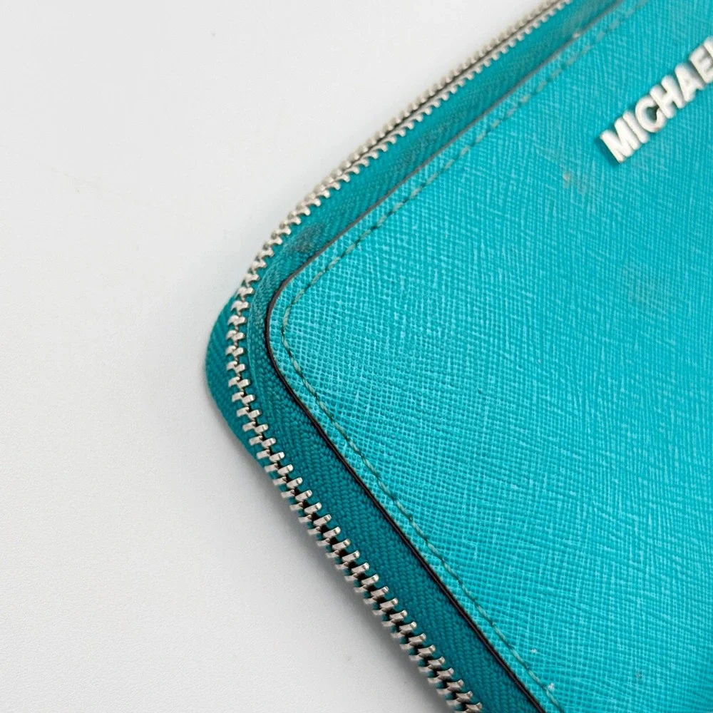 Michael Kors Jet Set Travel Continental Wallet Teal Saffiano Leather Zip Around